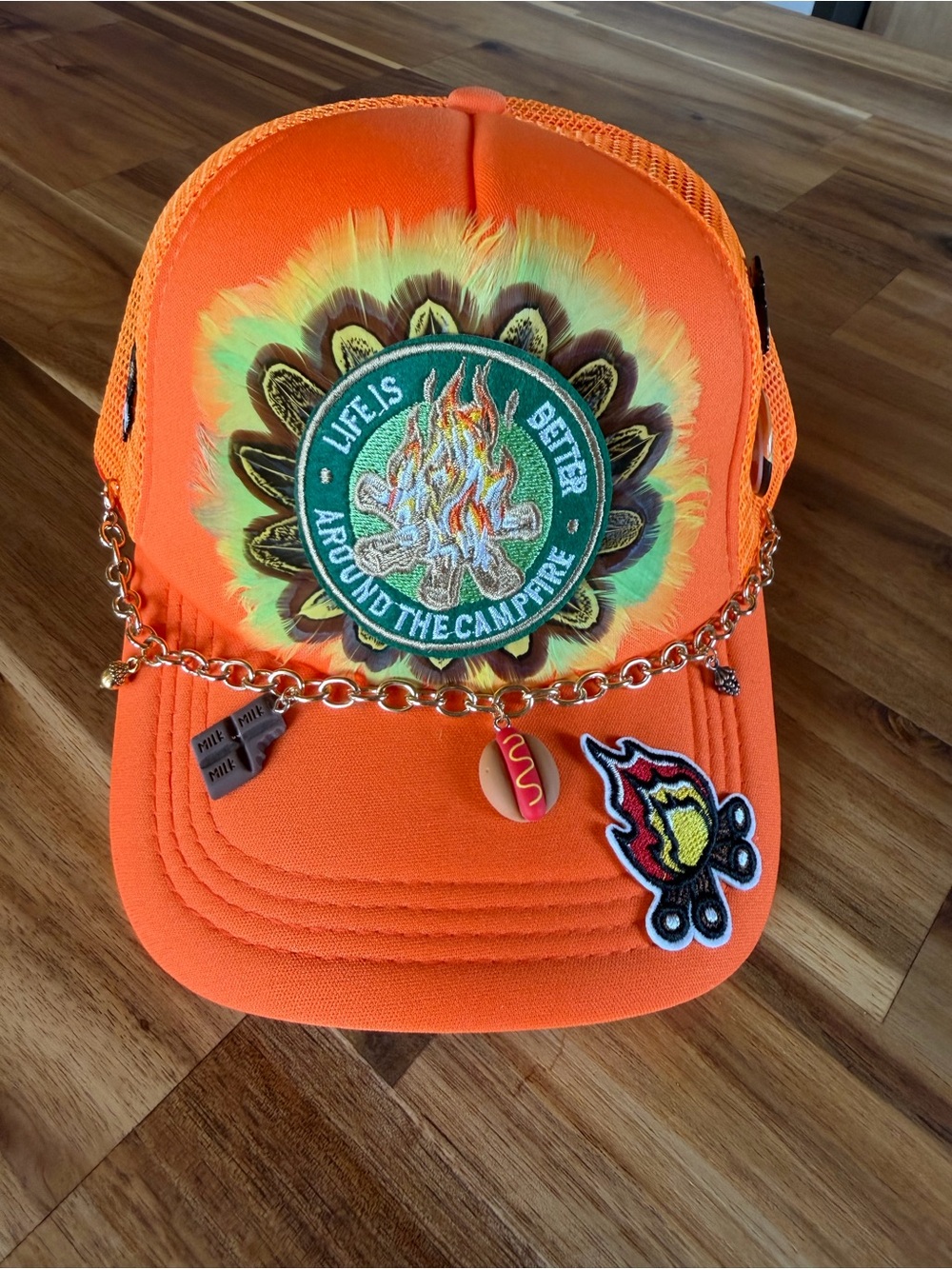 Happy Camper Orange Patch Trucker Hat with Charms